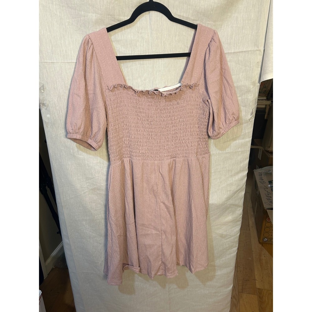 Nine West Pink Smocked Square Neck Puff Sleeve Dress Women's  XL Fairy Preppy - Picture 2 of 5